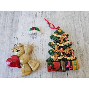 Vintage dough teddy bear dove geese tree gingerbread ornament Xmas set